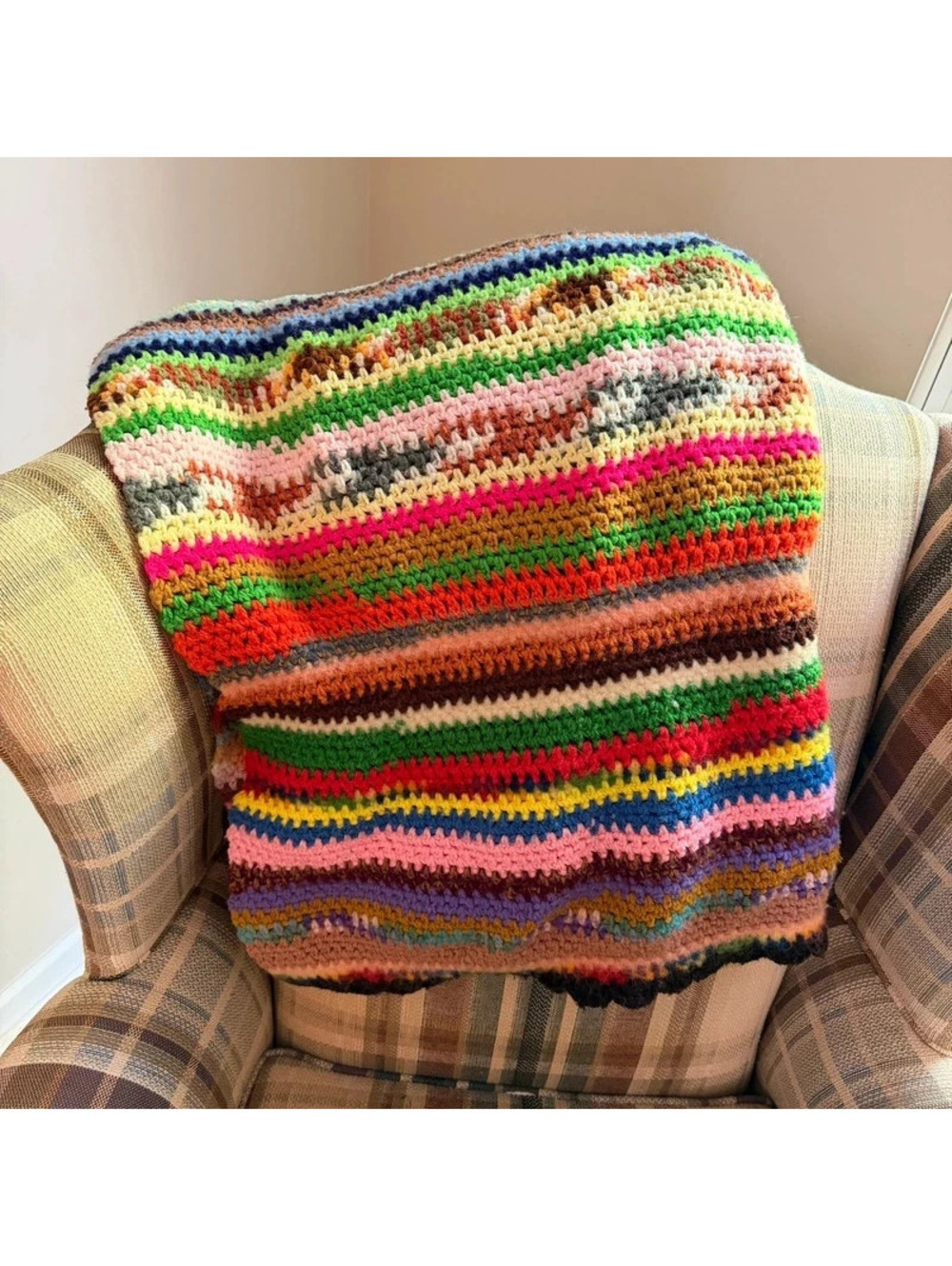 Vintage Handmade Crochet Blanket Multicolor Afghan 41” x 60”